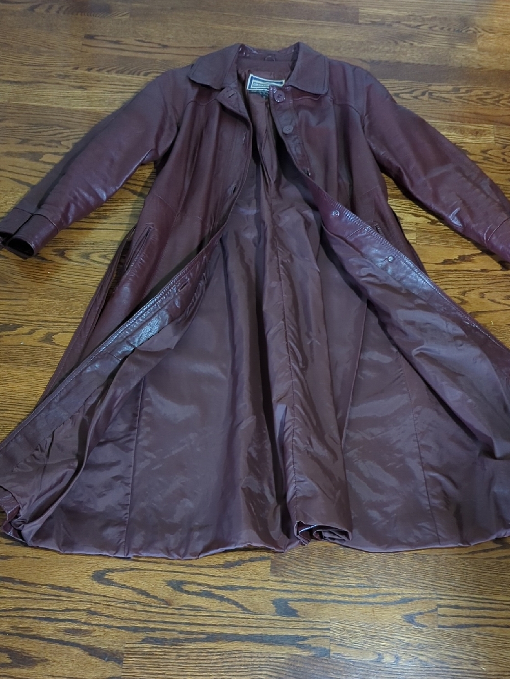 Vtg 70s Suburban Heritage Burgundy oxblood Leather Chic Trench Coat Tie Belt - Picture 11 of 14